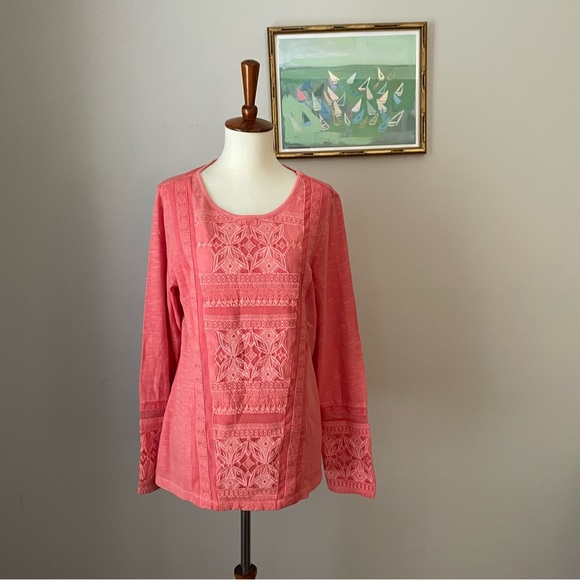 Soft Surroundings Peasant Blouse Top Crochet Sleeve Gauze Lined Boho NWT PL main image 1